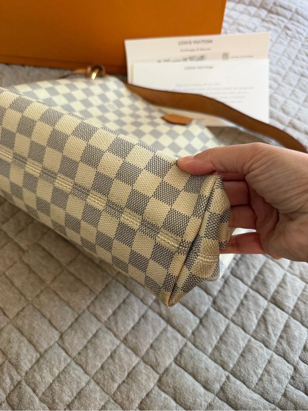 Louis Vuitton Damier Azur Check Shoulder Bag with Tan Leather Trim